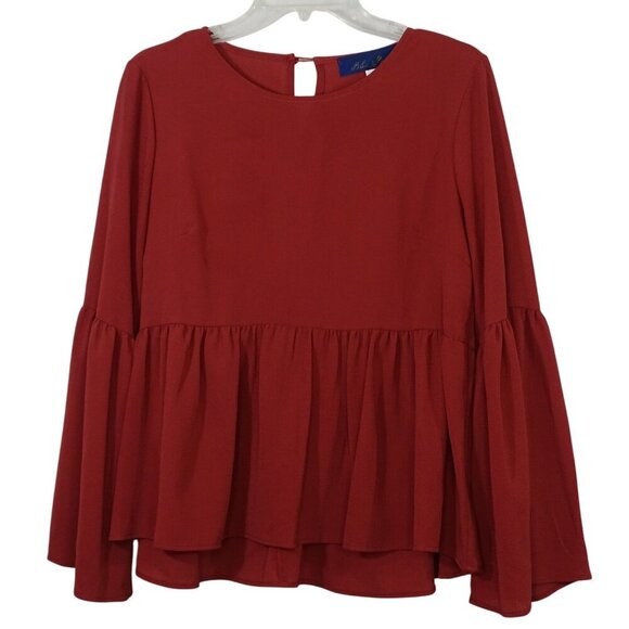Blue Rain Red-Brown Peplum Long Sleeve Top Women Size S Bell Sleeve Keyhole Back - Picture 1 of 8